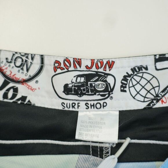 Ron Jon Cargo Pocket White Black Teal Green Patchwork Swim Trunks 38 / 9 High Ri - Picture 6 of 8